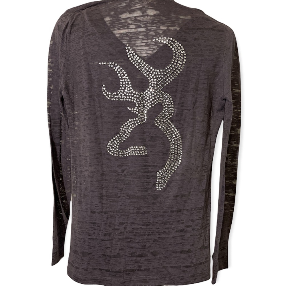 Rhinestone Browning Charcoal Gray Long Sleeve Shirt Size Medium